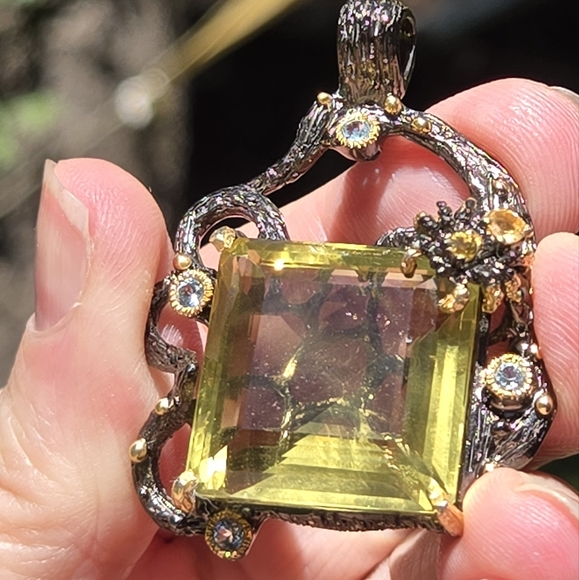 Citrine HUGE 52K & Aquamarine Gemstone Sterling Rhodium & Gold Pendant - Picture 8 of 11